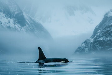 Naklejka premium Orca, killer whale in cold nordic waters. Orca swims in cold waters. Orca showing itself.