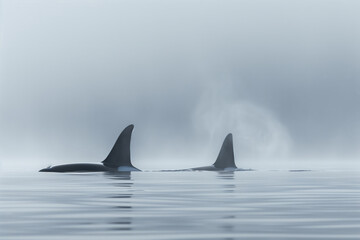 Naklejka premium Orca, killer whale in cold nordic waters. Orca swims in cold waters. Orca showing itself.