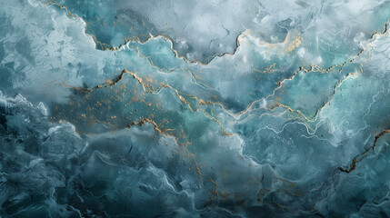 An abstract representation of a tempestuous sea with swirling patterns and gold crackle accents,...