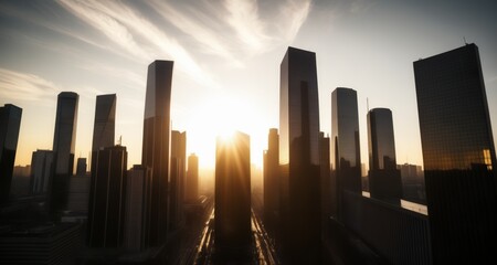  Cityscape at sunrise, silhouette of skyscrapers against the sun