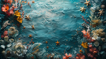 A richly detailed and colorful composition depicting an underwater scene with diverse sea life, coral formations, and starfish on a textured blue background.
