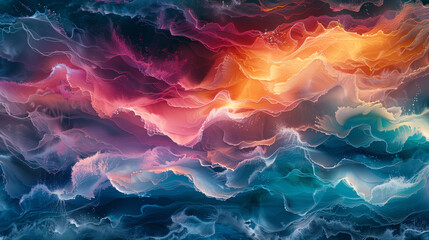 Abstract artwork with a dynamic array of neon waves, blending vibrant pinks and blues with electric...