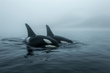 Naklejka premium Orca, killer whale in cold nordic waters. Orca swims in cold waters. Orca showing itself.