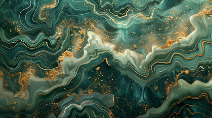 Artistic abstract background featuring wavy emerald green and gold marble texture, ideal for...