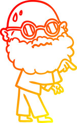 warm gradient line drawing cartoon worried man with beard and spectacles pointing finger