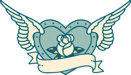 tattoo style icon of a flying heart with flowers and banner
