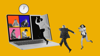 Contemporary art collage. People workers running to open door in laptop on which taking place...
