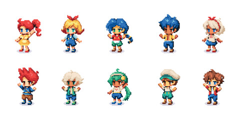 Obraz na płótnie Canvas Vector Cute Pixel Art Characters Boys Girls set illustration Isolated