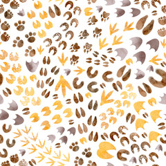 Seamless pattern of animal footprints. Cartoon paw shape of wolf, horse and dog. Children's pets background.