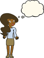cartoon woman shrugging shoulders with thought bubble