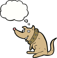 cartoon happy dog in big collar with thought bubble
