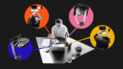 Contemporary art collage. Monochrome workers working, connected by colored lines, against black background. Networked activity. Concept of business, multitasking and time management, hybrid work. - obrazy, fototapety, plakaty