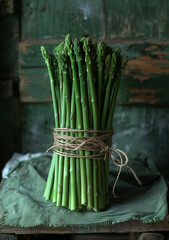A bunch of young green asparagus tied with twine on a dark background