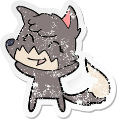 distressed sticker of a happy cartoon fox