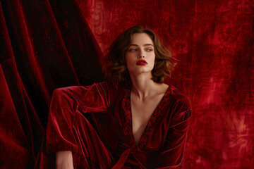 Elegant fashion woman portrait against a textured burgundy background.