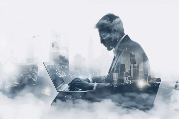 The double exposure image of the business man using a laptop computer overlay with cityscape image. The concept of business, city life and internet of things, online working, surfing the internet - Powered by Adobe