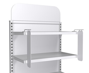 Retail shelves mockup with topper and stoppers. 3d illustration isolated on white