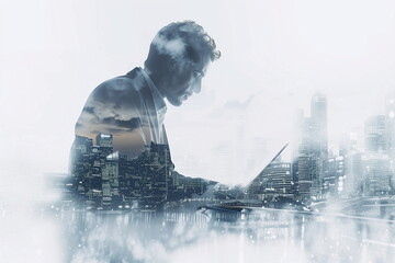 The double exposure image of the business man using a laptop computer overlay with cityscape image. The concept of business, city life and internet of things, online working, surfing the internet