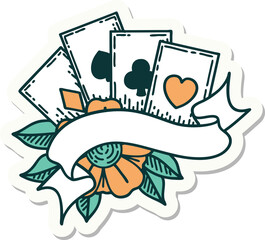 tattoo style sticker of cards and banner