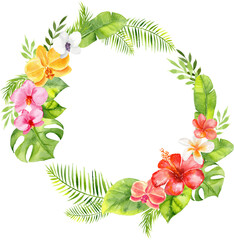 Tropical wreath. Vibrant Watercolor frame.