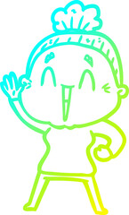 cold gradient line drawing cartoon happy old lady