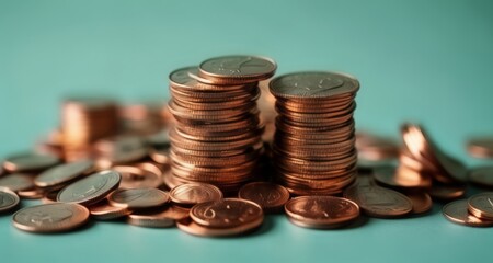  A pile of coins on a blue background - obrazy, fototapety, plakaty