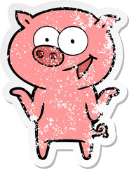 distressed sticker of a cartoon pig with no worries