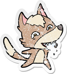 distressed sticker of a cartoon hungry wolf