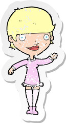 retro distressed sticker of a cartoon waving woman