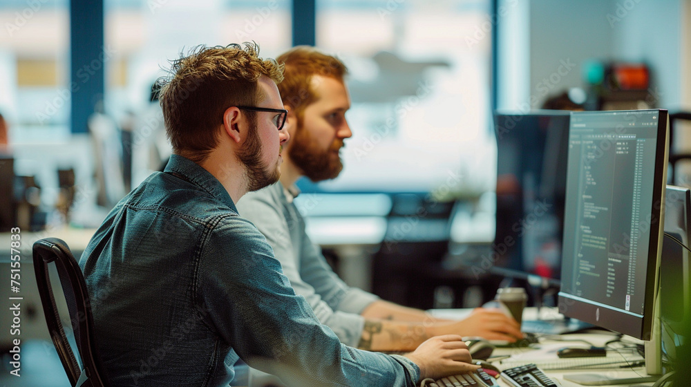 Poster web developers in a casual office setting, collaborating on a project using dual monitors to enhance