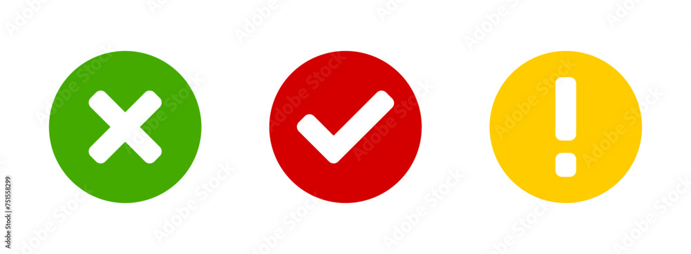 Poster green red and yellow yes or ok and no or declined and problem or warning flat icon set with check ma