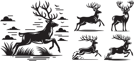 full silhouette of deer in motion, leaping and standing, impressive antlers, black vector