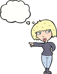 cartoon annoyed woman pointing with thought bubble