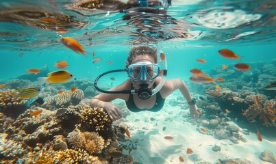 girl is engaged in snorkeling on vacation, coral reef