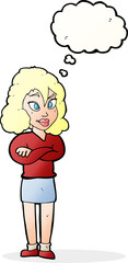 cartoon woman with crossed arms with thought bubble