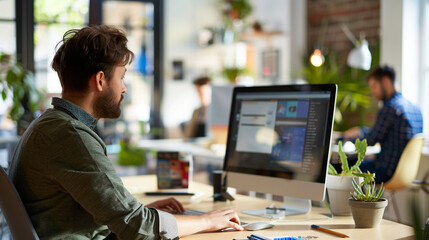 Web developers using a computer to conduct A/B testing on a new website feature, in a well-equipped digital agency office, business technology, with copy space