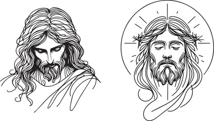 jesus portraits with sorrowful expression and closed eyes, vector illustration silhouette for laser cutting cnc, engraving, decorative clipart, black shape outline
