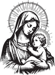 mary holding baby jesus, woodcut style vector illustration silhouette for laser cutting cnc, engraving, decorative clipart, black shape outline