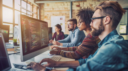 A small group of web developers in a collaborative workspace, using a shared computer to refine coding strategies, with tech paraphernalia around, business technology, with copy sp