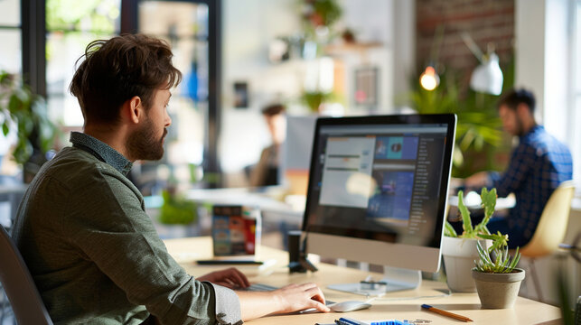 Web developers using a computer to conduct A/B testing on a new website feature, in a well-equipped digital agency office, business technology, with copy space