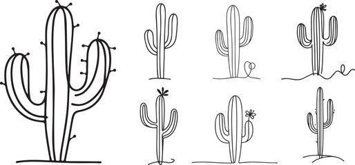 hand-drawn cacti in one thin line, minimalist vector illustration silhouette for laser cutting cnc, engraving, decorative clipart, black shape outline - obrazy, fototapety, plakaty