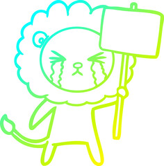 cold gradient line drawing cartoon crying lion with placard
