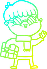 cold gradient line drawing cartoon boy wearing spectacles carrying gift