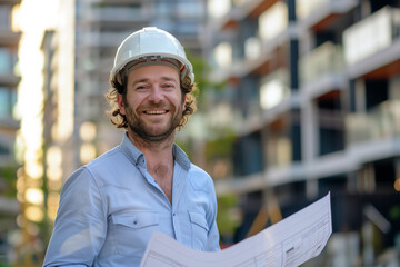 Portrait of an architect in a white helmet against the background of a house under construction with plans and layouts on paper - obrazy, fototapety, plakaty