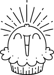 traditional black line work tattoo style happy singing cupcake