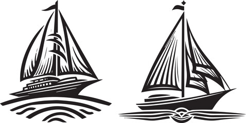 large sailboat on sea wave, vector black on white background - obrazy, fototapety, plakaty
