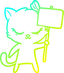 cold gradient line drawing cute cartoon cat with sign