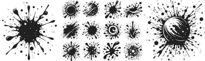 ink stains, irregular shapes paint dabs and spray splash, vector black