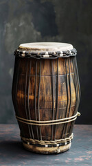 Obraz na płótnie Canvas detailed wooden drum against a dark background symbolizes the joyous beats of Eid celebrations, ideal for musical event promotions or as a decorative element in cultural exhibitions.