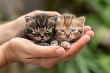 A persons hand cradling two tiny newborn kittens, just a few days old.